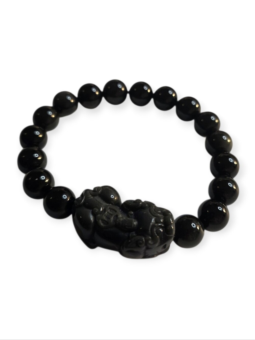 Black Obsidian Pixiu Foo Dog Beaded Stretch Bracelet Feng Shui